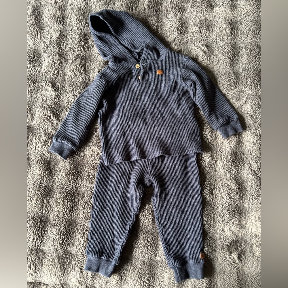 Calvin Klein Toddler Set Hooded Long Sleeve and Pants Blue 24M Waffle Texture